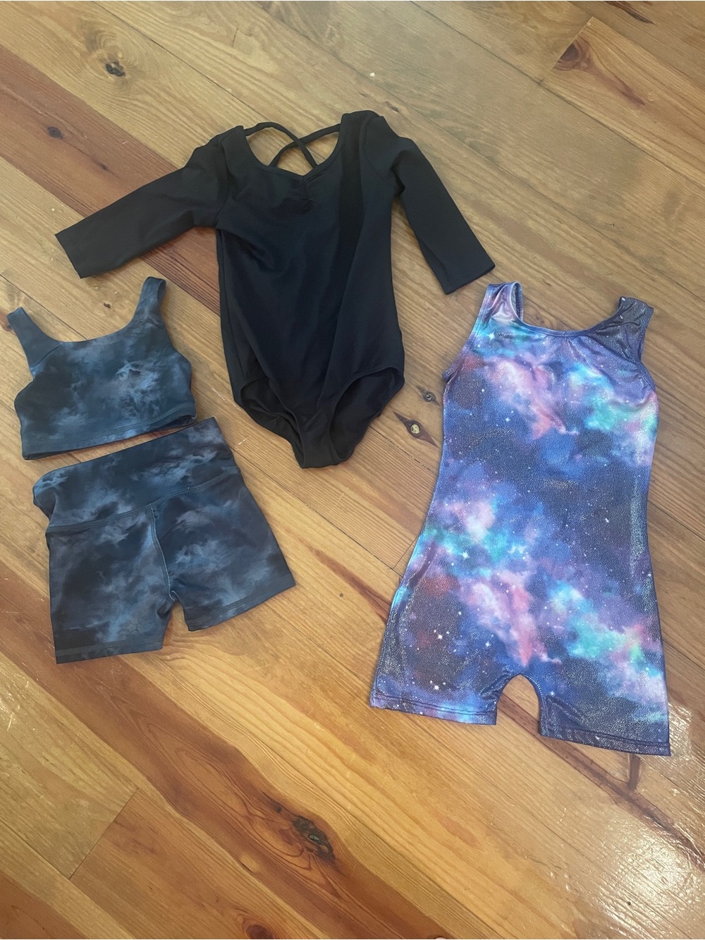 Kids One-Piece and Active Set - Black Leotard & Galaxy Romper size 4-6